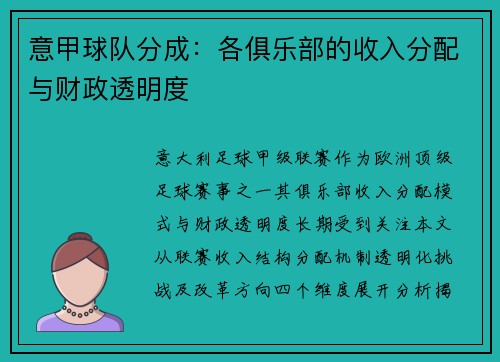 意甲球队分成：各俱乐部的收入分配与财政透明度