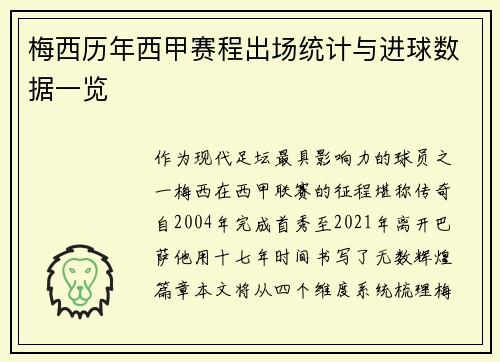 梅西历年西甲赛程出场统计与进球数据一览